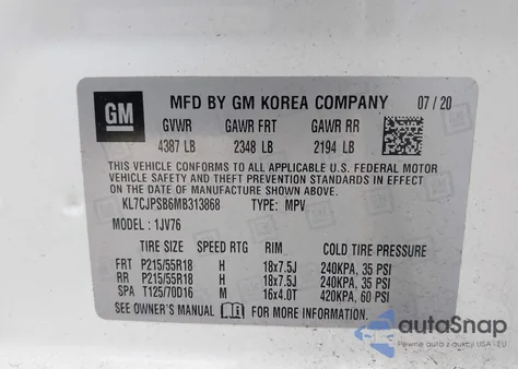 2021 Chevrolet Trax Awd Lt from USA, damaged, VIN KL7CJPSB6MB313868